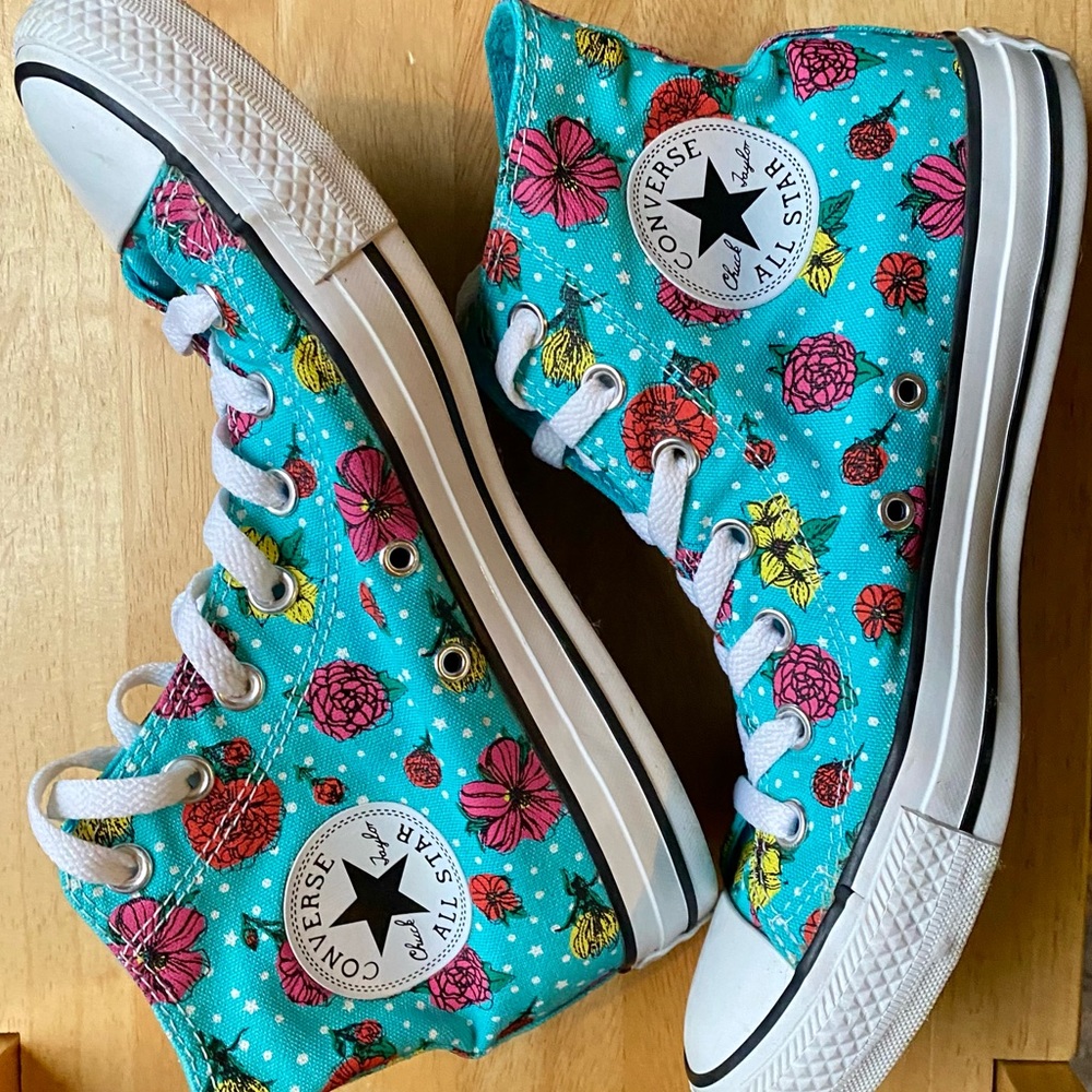 Converse Teal Floral Hi Tops Turquoise Flower Chuck Taylor sneakers size 8 women